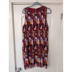 Halogen Womens XL Burgundy Abstract Floral Pleated Sleeveless Shift Dress